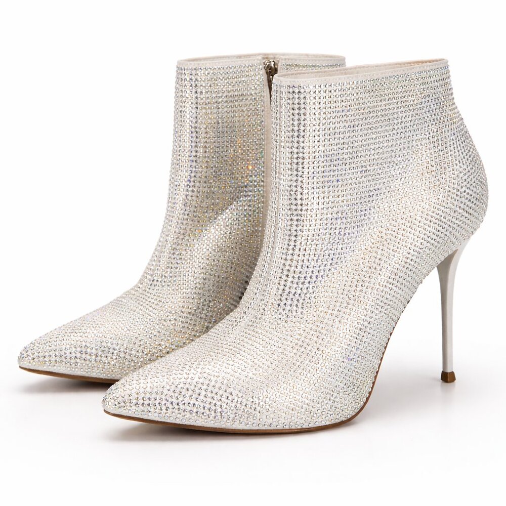 White Rhinestone Crystal Stiletto Ankle Booties 8.5 Wedding Glam Party Heels